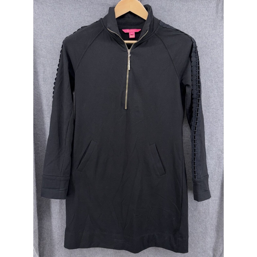 Lilly Pulitzer Skipper Popover Dress Womens XS Black 1/2 Zip Eyelet Lace Sleeve